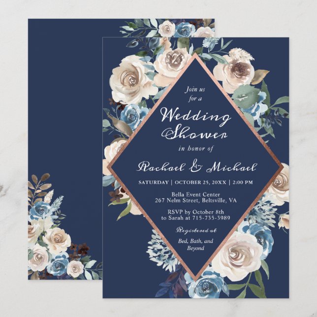 Invitation Rose bleu marine or Floral Mariage Couples douche (Devant / Derrière)