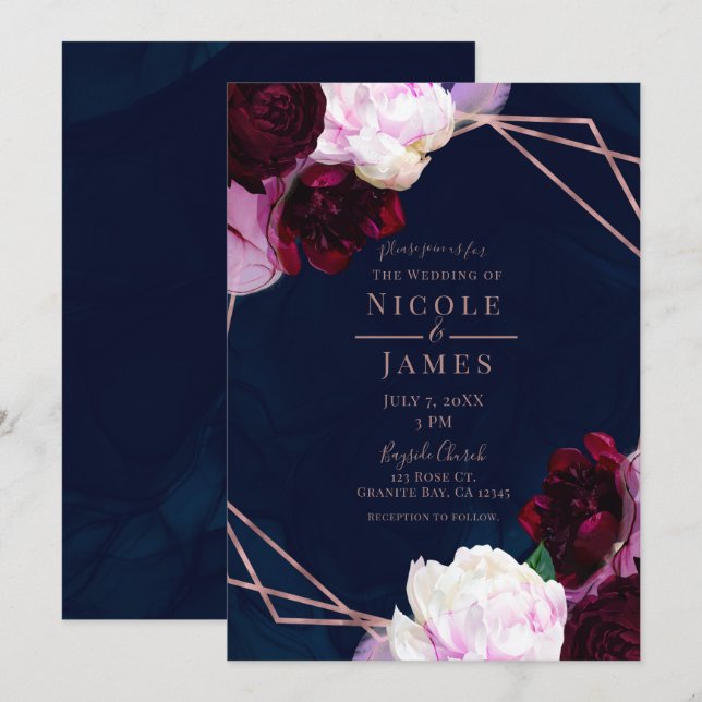 Invitation Rose bleu marine or Floral moderne Glam Mariage (Devant / Derrière)