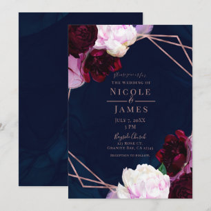 Invitation Rose bleu marine or Floral moderne Glam Mariage