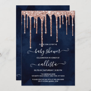 Invitation Rose bleu marine Parties scintillant d'or Baby sho
