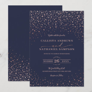 Invitation Rose bleu marine Parties scintillant d'or Confetti