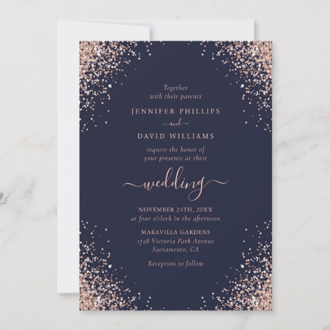 Invitation Rose bleu marine Parties scintillant d'or Confetti (Devant)