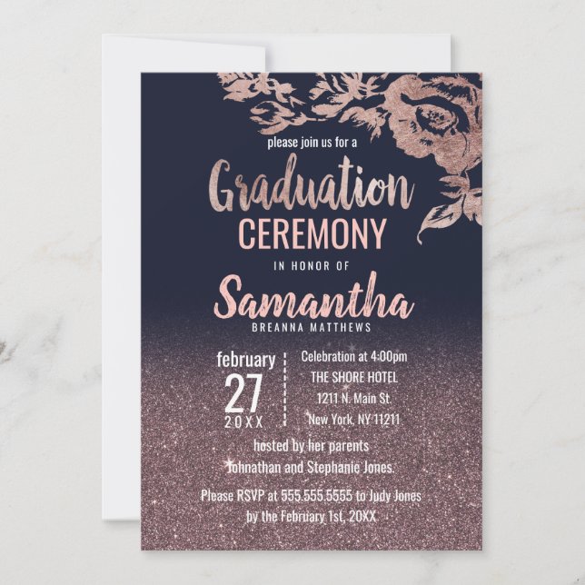 Invitation Rose bleu marine Parties scintillant d'or Floral G (Devant)