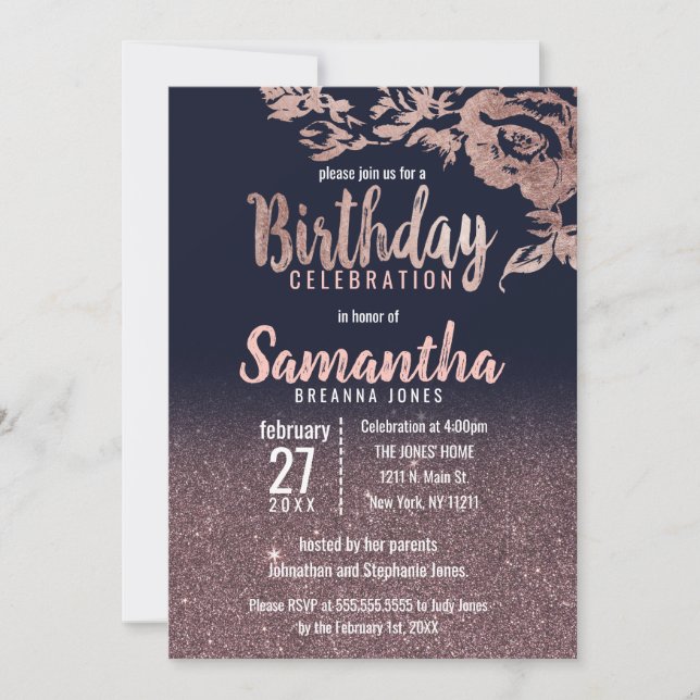 Invitation Rose bleu marine Parties scintillant or Floral fêt (Devant)
