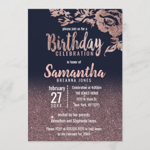 Invitation Rose bleu marine Parties scintillant or Floral fêt