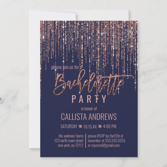 Invitation Rose bleu marine Parties scintillant or Fringe Bac (Devant)
