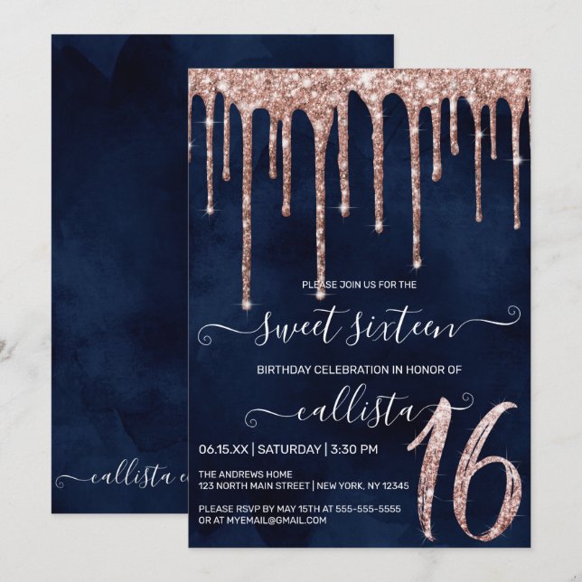 Invitation Rose bleu marine Parties scintillant or gouttes Sw (Devant / Derrière)