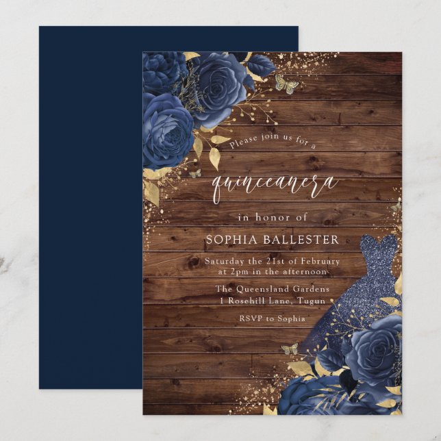 Invitation Rose bleu marine robe or Rustique Quinceanera Part (Devant / Derrière)