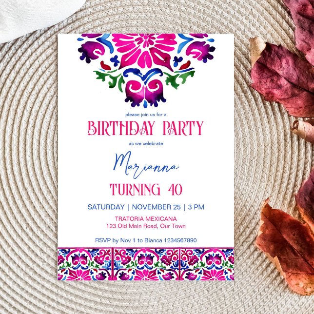 Invitation Rose bleu mexicain carreaux anniversaire modèle (Pink blue Mexican Talavera tiles birthday party editable template invitation digital download)