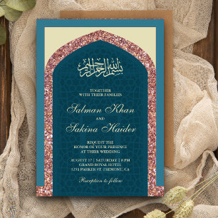 Invitation Rose bleu océan Parties scintillant d'or Mihrab Ma