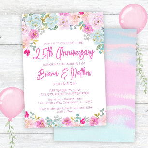Invitation Rose Bleu Pêche Floral 25e Anniversaire de Mariage