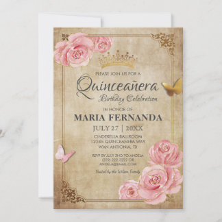 Invitation Rose Bleu rose papillon Couronne or Quinceanera