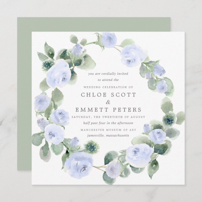 Invitation Rose bleu rustique Floral Eucalyptus Mariage (Devant / Derrière)
