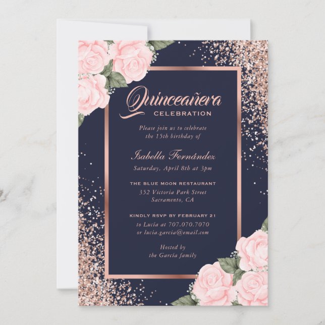 Invitation Rose bleue Or Floral Quinceañera (Devant)