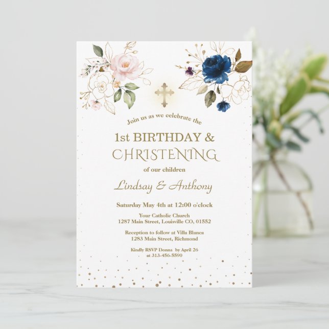 Invitation Rose Blue Floral Twins 1er anniversaire & Christen (Debout devant)