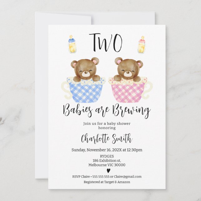 Invitation Rose Blue Twins Deux bébés brasser Baby shower (Devant)