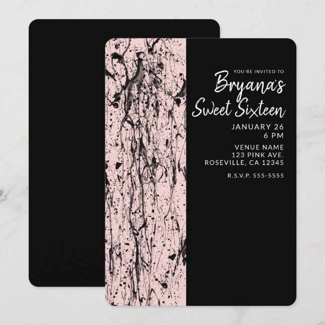 Invitation Rose Blush & Black Paint Sweet 16 TOUTE PARTIE AGE (Devant / Derrière)
