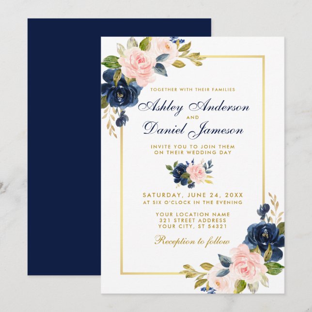 Invitation Rose Blush Blue Floral élégant mariage Gold Frame (Devant / Derrière)
