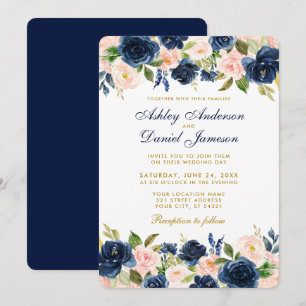 Invitation Rose Blush Blue Floral Élégant Mariage or R
