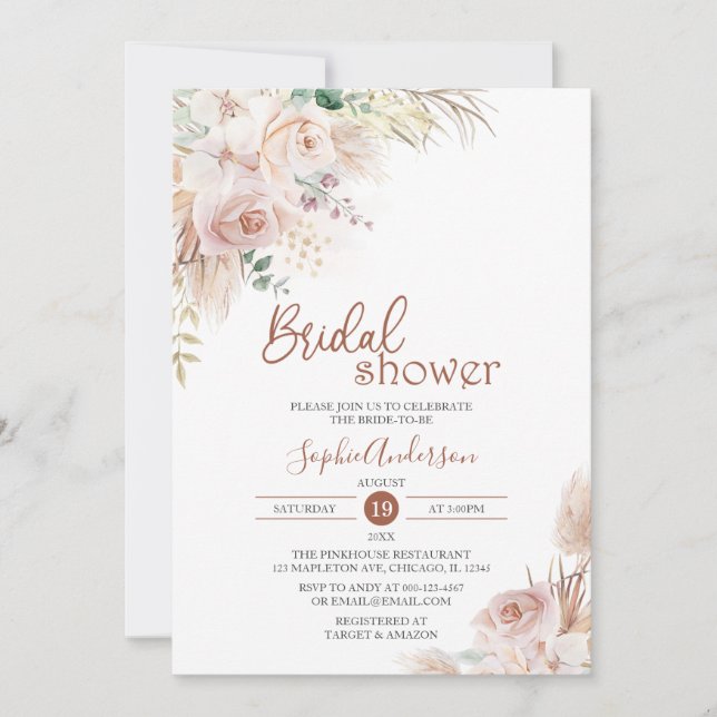 Invitation Rose Blush Boho Pampas Fête des mariées en herbe I (Devant)