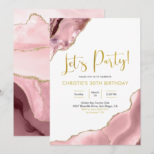 Invitation Rose Blush et Gold Agate Faisons la fête (Devant / Derrière)