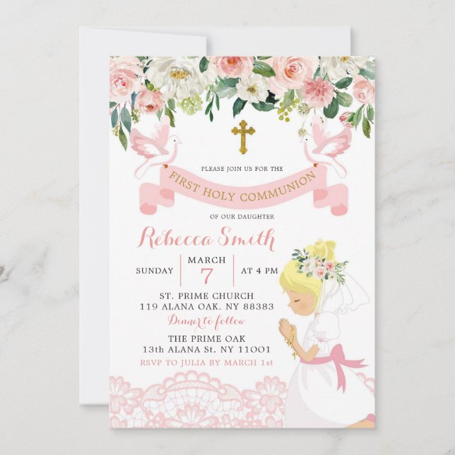 Invitation Rose Blush Floral Blonde Girl Première Sainte Comm (Devant)
