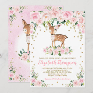 Invitation Rose Blush Floral Bois Cerf Bébé Fille Douche
