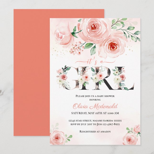 Invitation Rose Blush Floral C'est un Baby shower fille (Devant / Derrière)