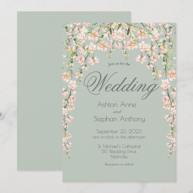 Invitation Rose Blush Floral Fleur sauvage Chic Mariage éléga (Devant / Derrière)