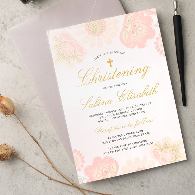 Invitation Rose Blush Floral Girl Christening Gold Cross (Créateur téléchargé)