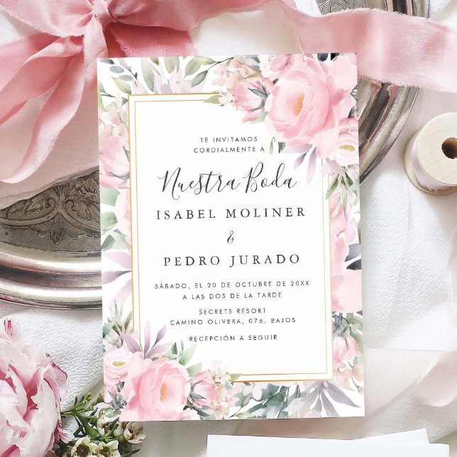 Invitation Rose Blush Floral Nuestra Boda Mariage espagnol (Créateur téléchargé)
