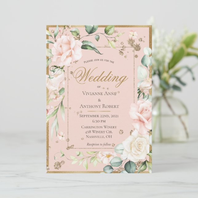 Invitation Rose Blush Floral or Aquarelle Mariage romantique (Debout devant)