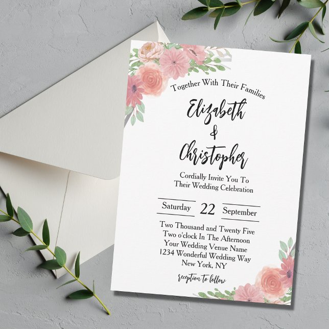 Invitation Rose Blush Floral Verdure Élégante Mariage moderne (Créateur téléchargé)