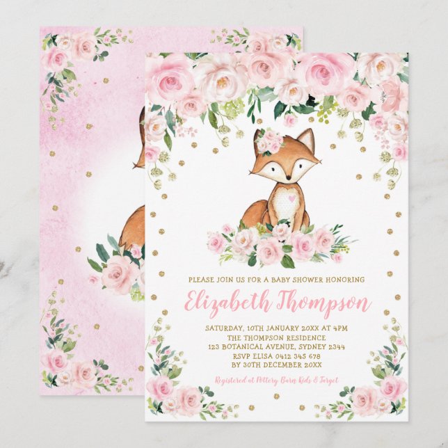 Invitation Rose Blush Floral Woodland Fox bébé fille douche (Devant / Derrière)
