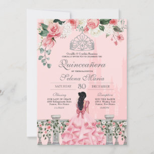 Invitation Rose Blush Silver Tiara Royal Princess Quinceañera
