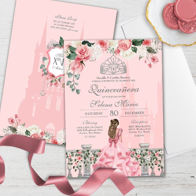Invitation Rose Blush Silver Tiara Royal Princess Quinceañera (Créateur téléchargé)
