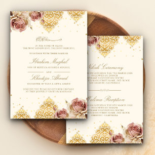 Invitation Rose Bohème Rose Motif Islamique Crème Mariage Mus