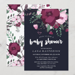 Invitation Rose Bouquet Baby shower bleu foncé