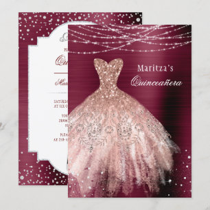 Invitation Rose Bourgogne Gold Glam Diamond Quinceañera