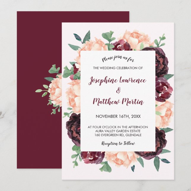 Invitation Rose Bourgogne Peach Peony Mariage floral (Devant / Derrière)
