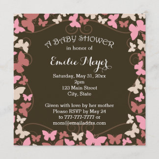 Invitation rose Brown de baby shower de papillons