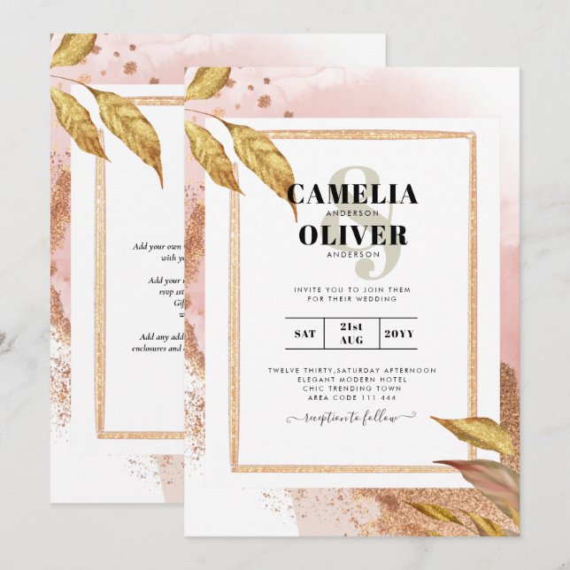 Invitation ROSE BUDGET Gold Feuilles de mariage Inviter QR Co (Devant / Derrière)