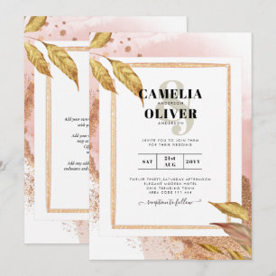 Invitation ROSE BUDGET Gold Feuilles de mariage Inviter QR Co