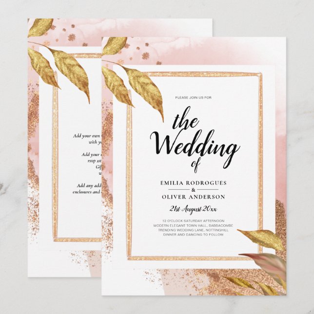 Invitation ROSE BUDGET Gold Feuilles de mariage Inviter QR Co (Devant / Derrière)