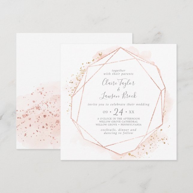 Invitation Rose Carré Mariage géométrique aquarelle or (Devant / Derrière)