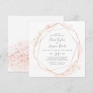 Invitation Rose Carré Mariage géométrique aquarelle or
