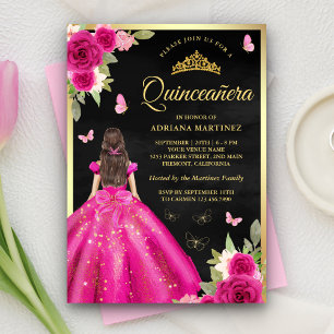 Invitation Rose Chaud Floral Papillon Noir Or Quinceanera