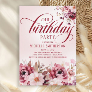 Invitation Rose chic Bourgogne floral glamour 75e anniversair