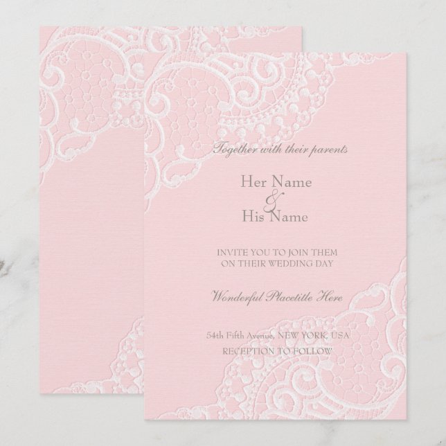 Invitation Rose Chic Élégant Dentelle de Mariage Vintage (Devant / Derrière)