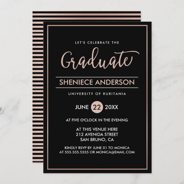 Invitation Rose chic Gold & Black Script & Script Graduation (Devant / Derrière)